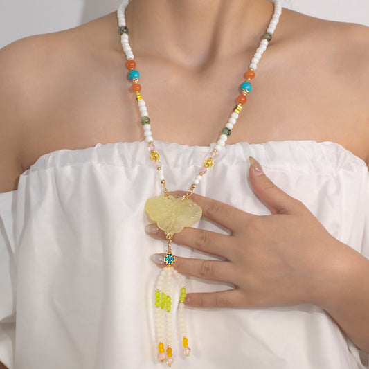 Natural Jade Long Necklace - Handmade Minimalist Gift for Her