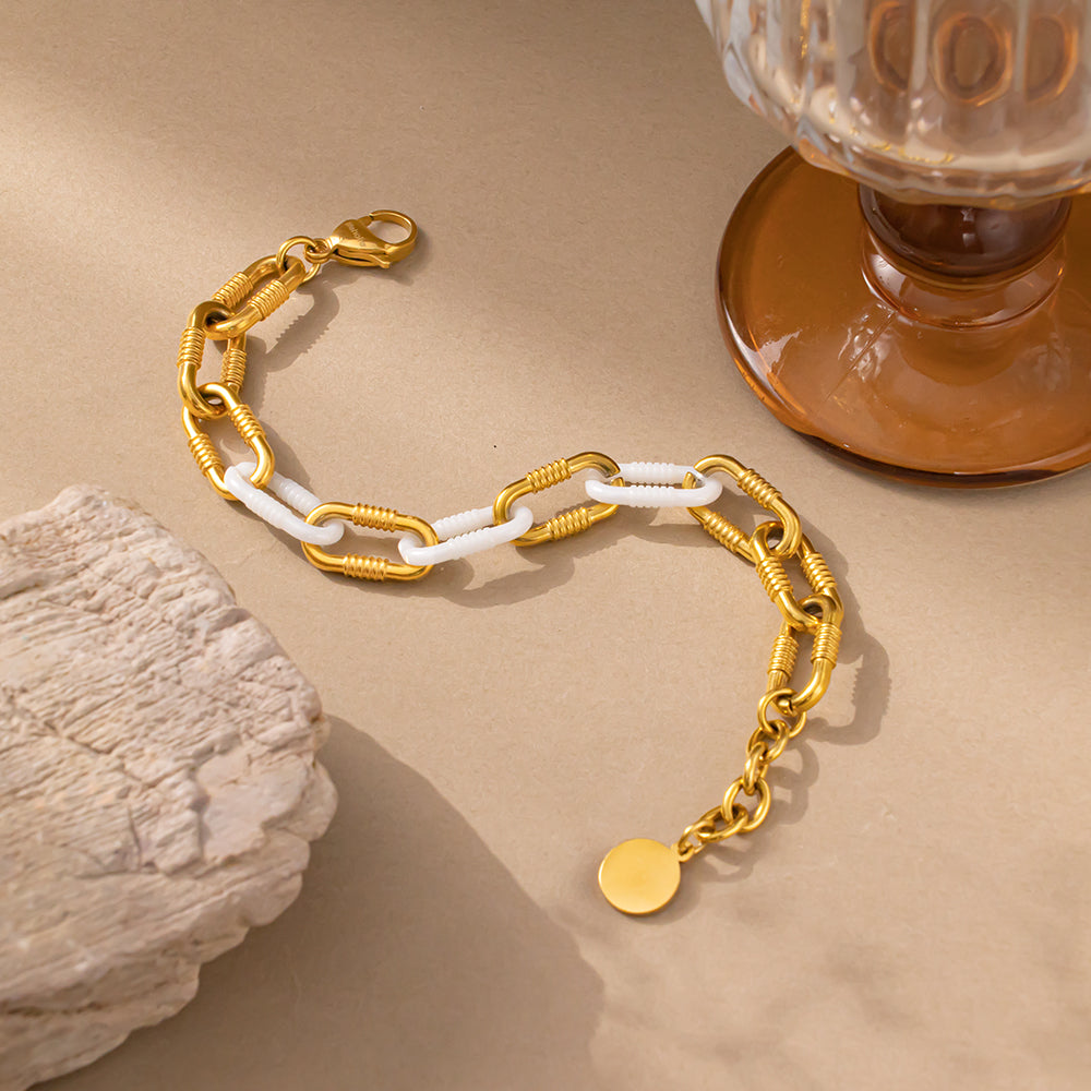 White Ceramic Long Cross Chain Bracelet with 18K Gold-Plated Stainless Steel – Elegant & Modern Unisex Jewelry