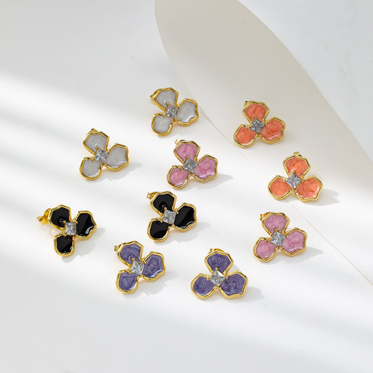 Three-Petal Flower Stud Earrings – 316L Stainless Steel, Hypoallergenic & Colorful Resin Design