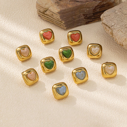 Colorful Heart in Frame Stud Earrings – 316L Stainless Steel, Hypoallergenic & Playful Resin Design