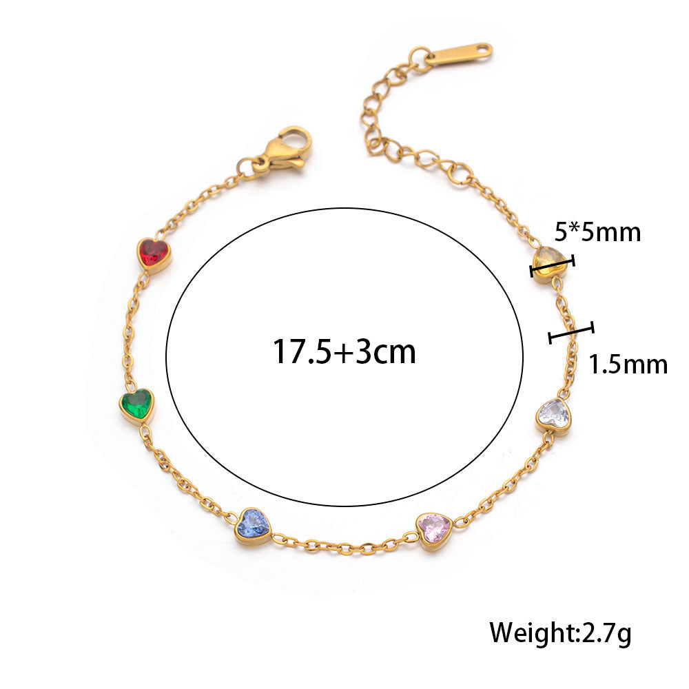 316 Stainless Steel 18K Gold Plated Bracelet with 5 Colorful Heart Zircon Stones | Dazzling Fashion Jewelry