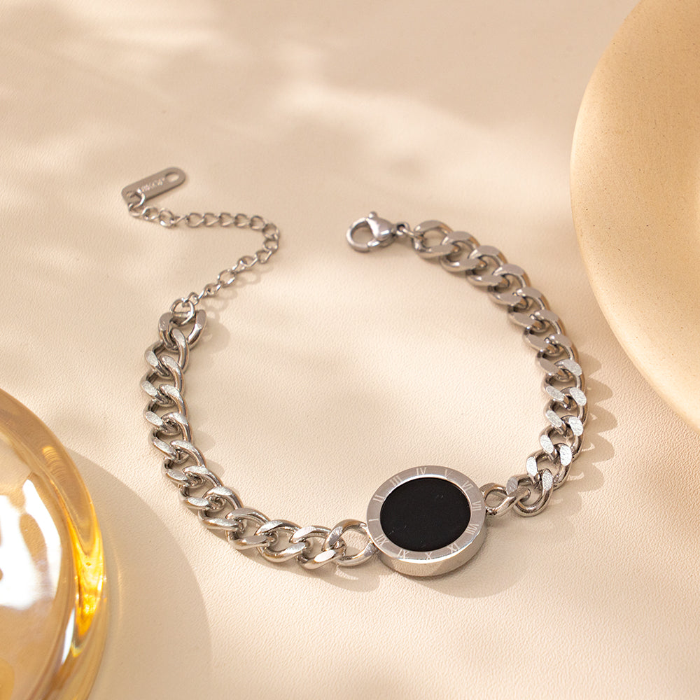 316 Stainless Steel 18K Gold Plated Cuban Chain Bracelet | Roman Numeral Disc Pendant Jewelry