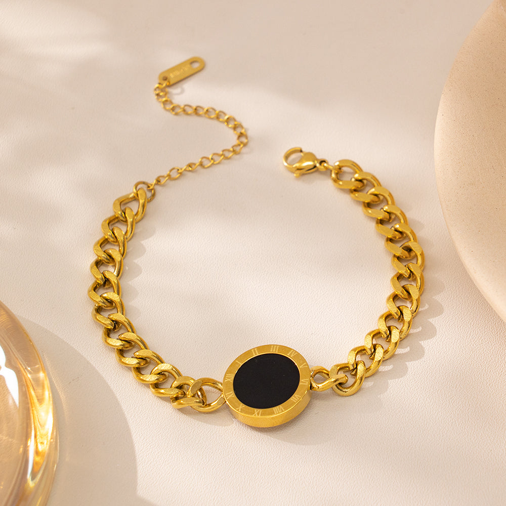 316 Stainless Steel 18K Gold Plated Cuban Chain Bracelet | Roman Numeral Disc Pendant Jewelry
