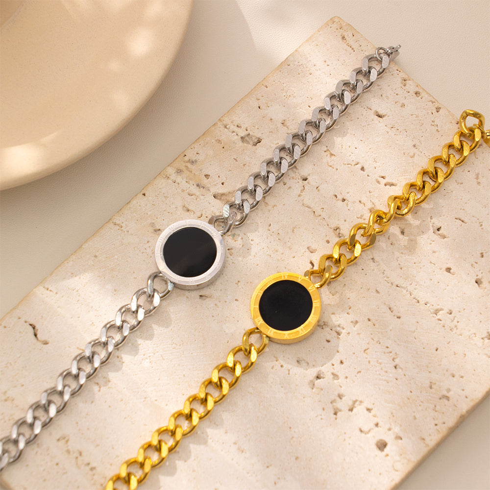 316 Stainless Steel 18K Gold Plated Cuban Chain Bracelet | Roman Numeral Disc Pendant Jewelry