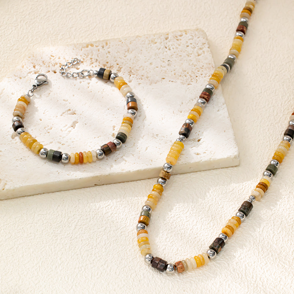 Sahara Spirit Agate & Turquoise Necklace – Natural Agate Discs, Turquoise Beads, Stainless Steel
