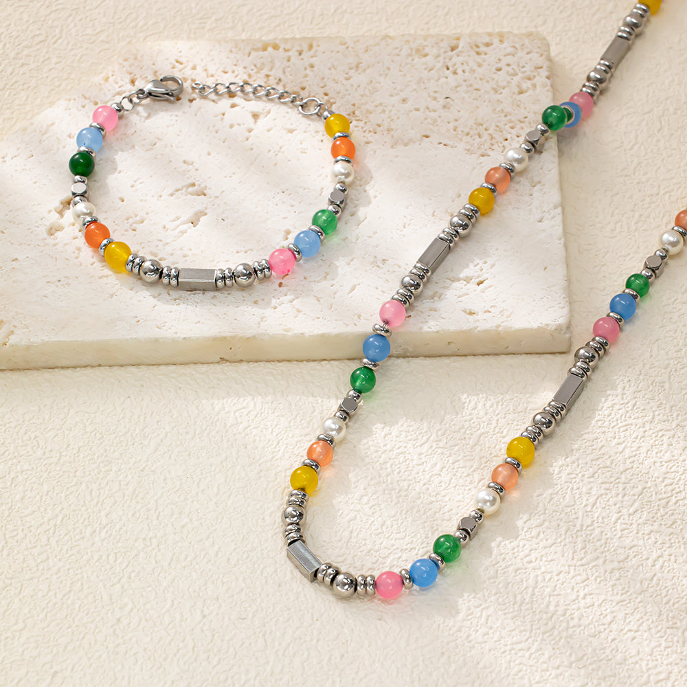 Aurora Color Agate Necklace – Silver 304 Stainless Steel Beads