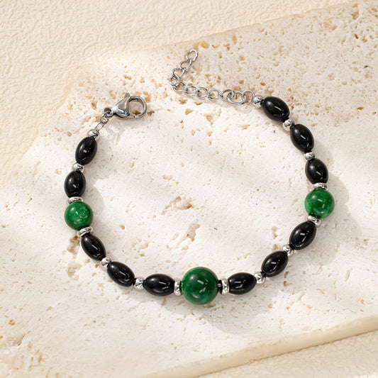 Onyx & Jadeite Bead Bracelet – Black Glass & Green Chalcedony