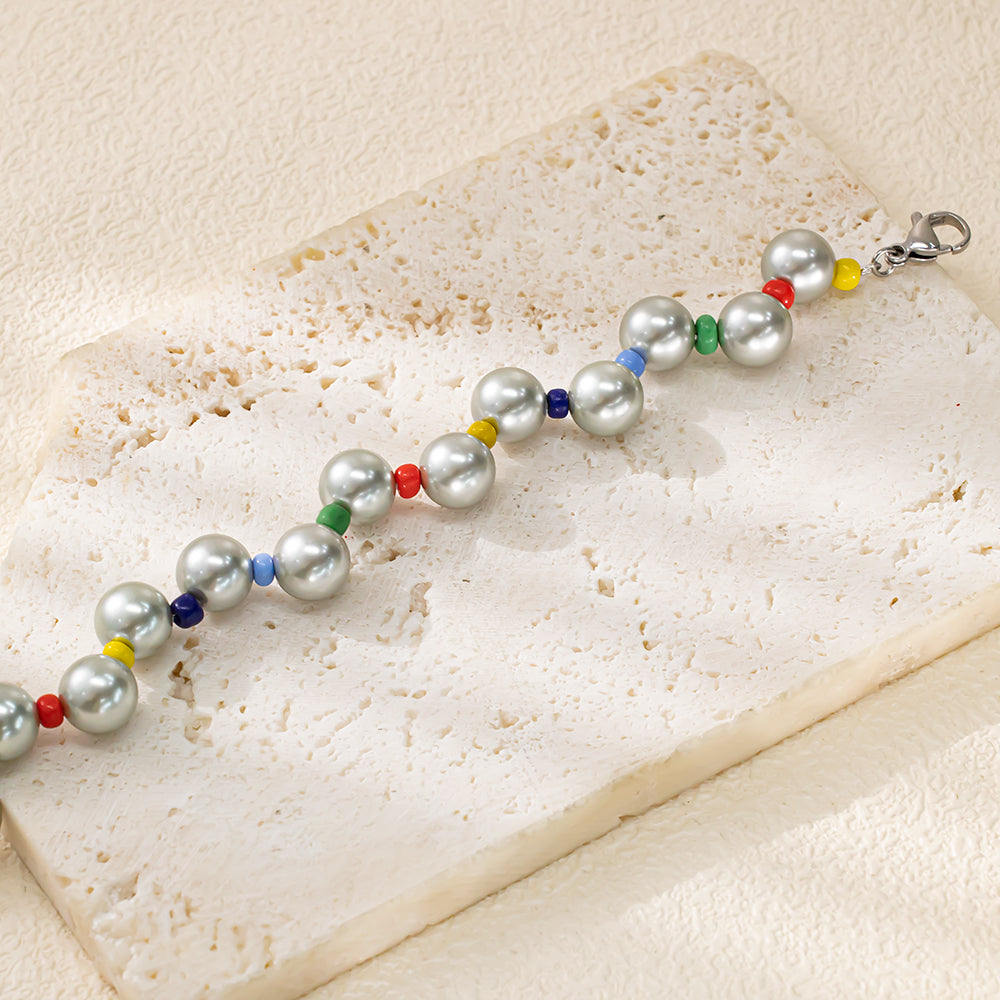 Luna Frost Glass Bead Necklace – Grey Glass Beads & Colorful Minis, Stainless Steel