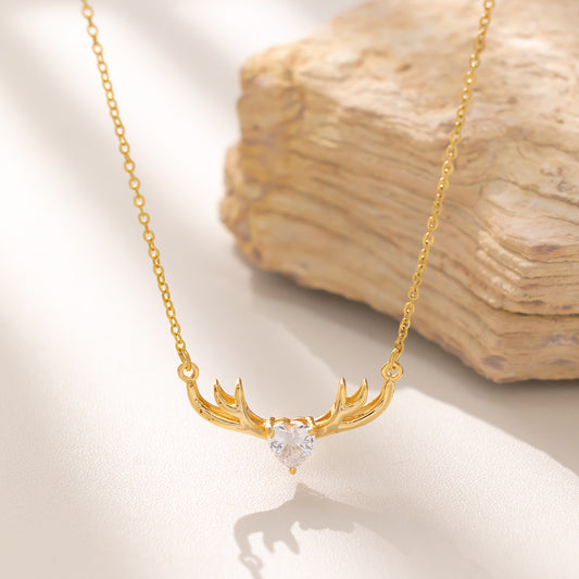 Antler Pendant Necklace with Single Cubic Zirconia – 316L Stainless Steel, Waterproof, Tarnish Free, Hypoallergenic & 18K Gold Plated
