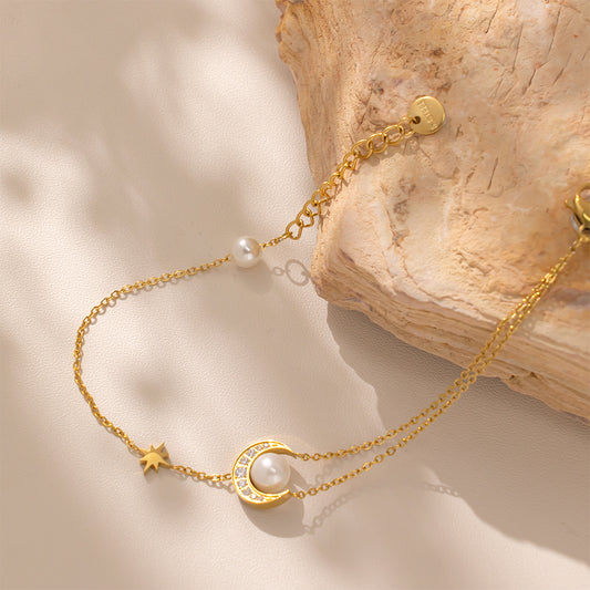 18K Gold Plated 316 Stainless Steel Bracelet with Moon, Beads, Stars & Cubic Zirconia – Waterproof & Hypoallergenic