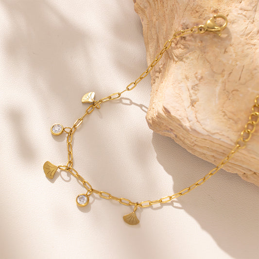 18K Gold Plated 316 Stainless Steel Bracelet with Cubic Zirconia and Leaf Charm – Waterproof & Hypoallergenic
