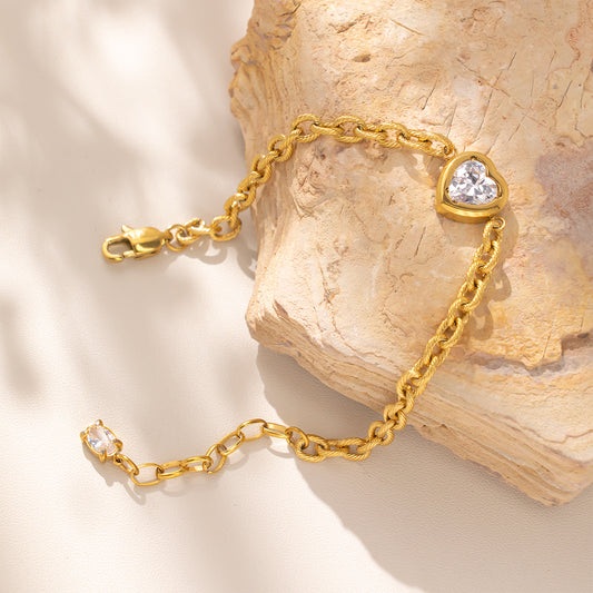 18K Gold Plated 316 Stainless Steel Heart Bracelet with Cubic Zirconia & White CZ Accent on Chain End – Waterproof & Hypoallergenic