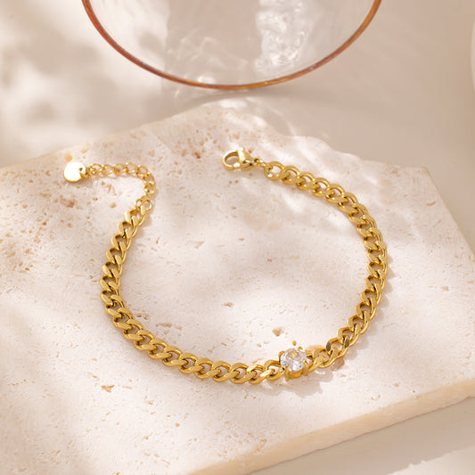 18K Gold Plated 316 Stainless Steel Bracelet with White Cubic Zirconia Stones – Waterproof & Hypoallergenic