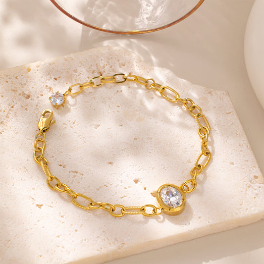 18K Gold Plated 316 Stainless Steel Cubic Zirconia Bracelet with White CZ Accent on Chain End – Waterproof & Hypoallergenic