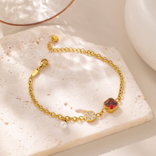 18K Gold Plated 316 Stainless Steel Bracelet with Beads, White & Red Cubic Zirconia – Waterproof & Hypoallergenic