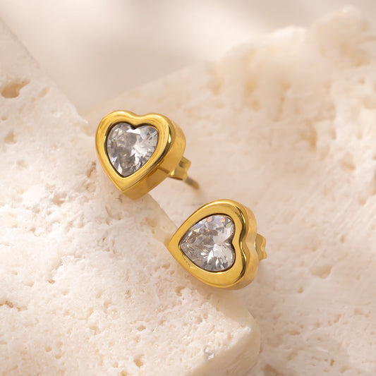 316 Stainless Steel 18K Gold Plated Heart Zircon Earrings | Sparkling & Romantic Jewelry