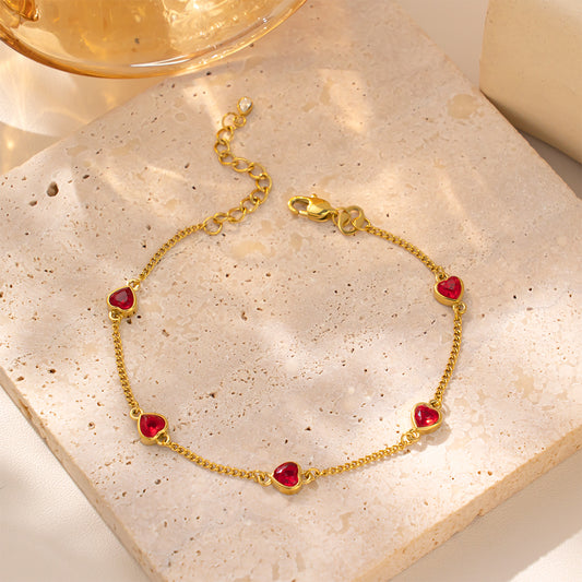 18K Gold Plated 316 Stainless Steel Bracelet with 5 Red Heart Cubic Zirconia Charms – Waterproof & Hypoallergenic