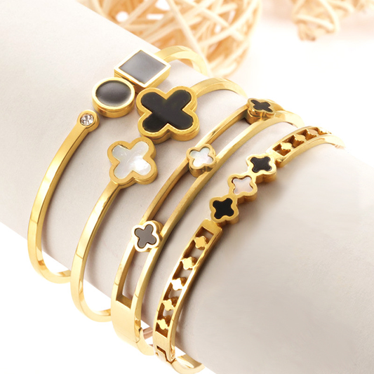 Stainless steel 18K gold plated black four-leaf clover bangle