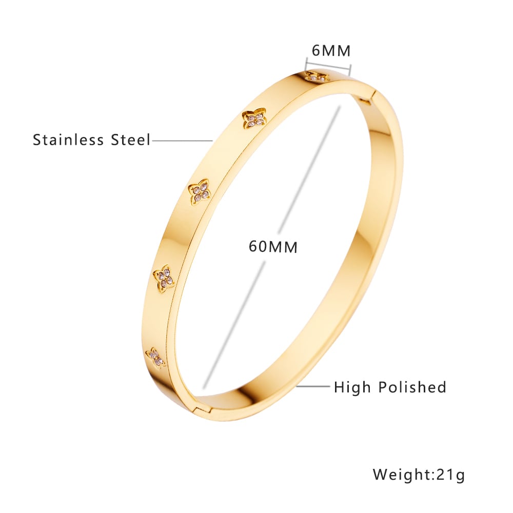 Stainless steel 18K gold-plated four-leaf zircon bangle