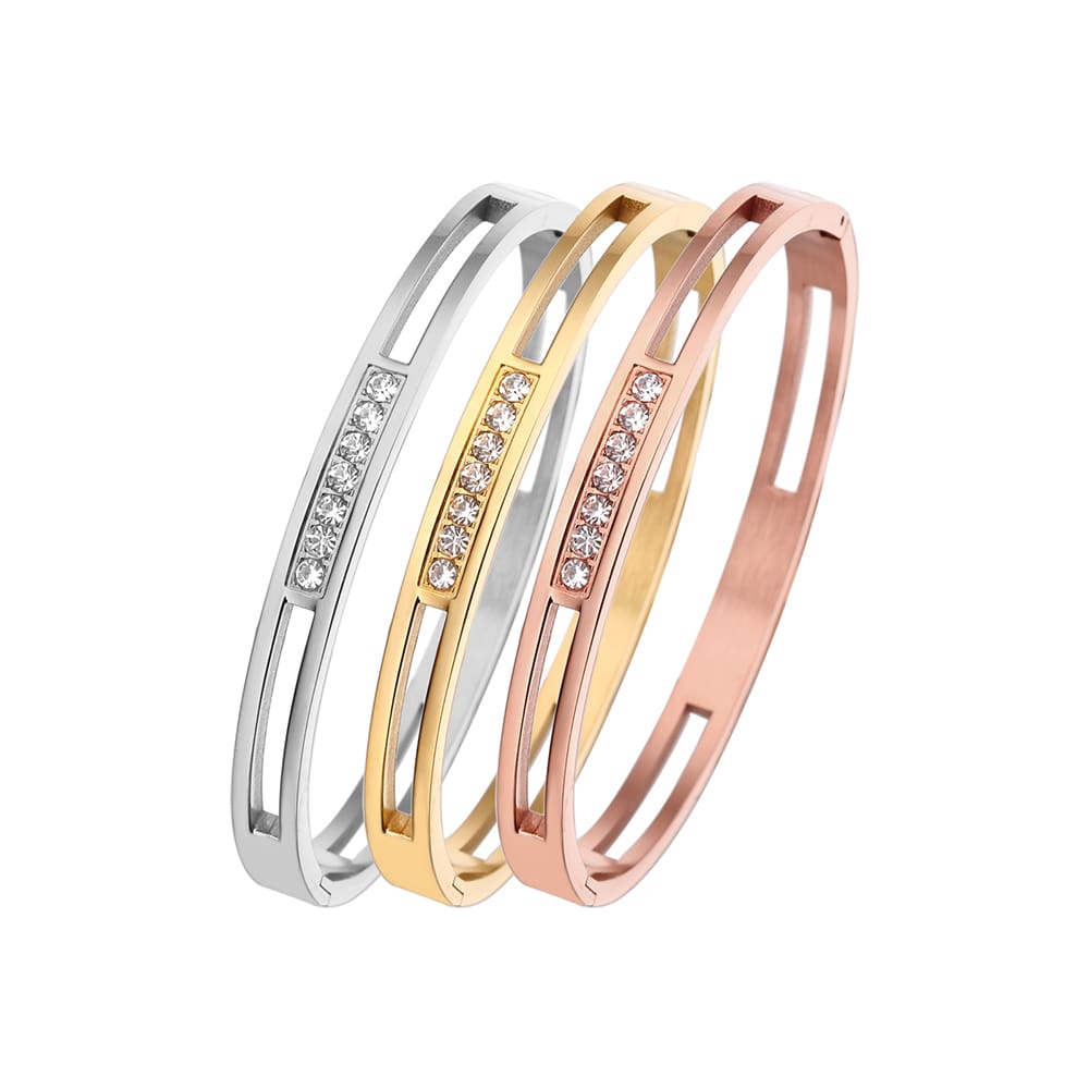 Stainless steel 18K gold plated zircon hollow bangle