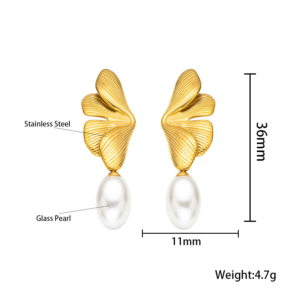316 Stainless Steel 18K Gold Plated Leaf Shape Earrings | White Pearl Accent Minimalist Jewelry