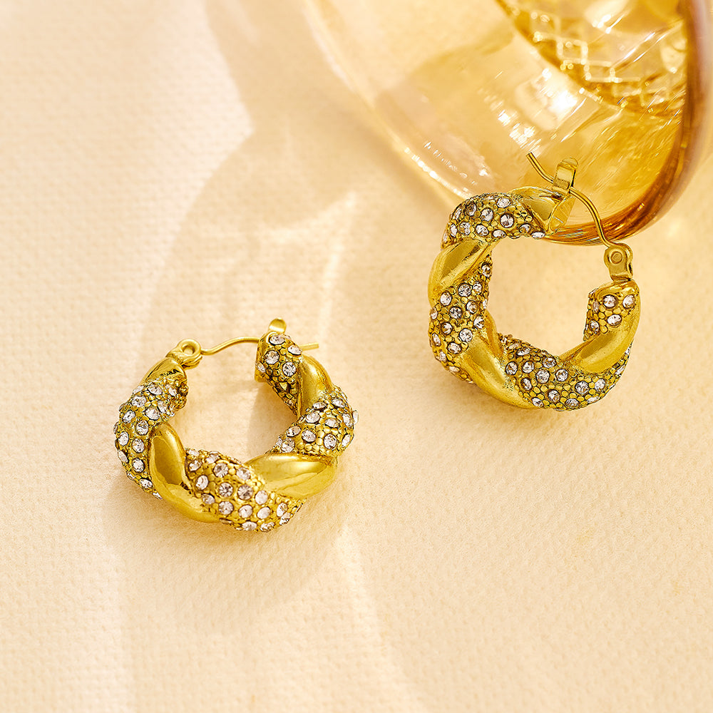 Stainless steel plated 18-karat gold twist earrings with diamond