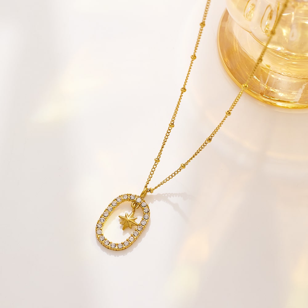 Stainless steel 18k gold-plated zircon star hollow pendant necklace