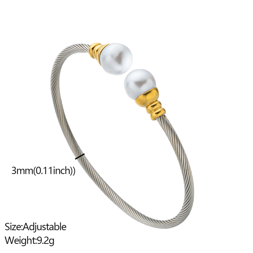 Silver Tone 316 Stainless Steel Rope-Style Bangle with Two White Beads – Waterproof & Hypoallergenic Bracelet