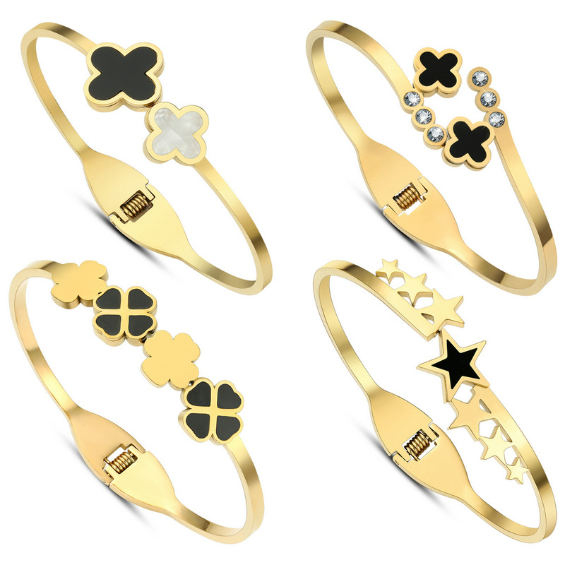 Stainless steel 18K gold plated star four-leaf clover bangle