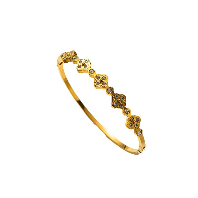 Stainless steel 18K gold-plated four-leaf zircon bangle