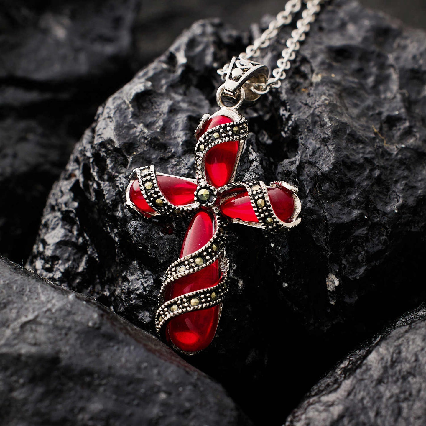 Stainless Steel 18K Gold Plated Ruby Cross Necklace