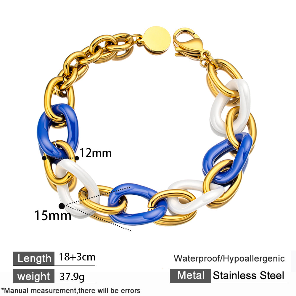 Celestia Ceramic Chain Bracelet – White & Blue Ceramic, 18K Gold-Plated Stainless Steel, Chunky