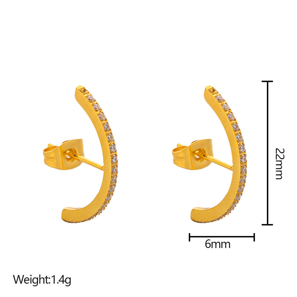 316 Stainless Steel 18K Gold Plated C Shape Earrings | Zircon Inlaid Stylish Jewelry