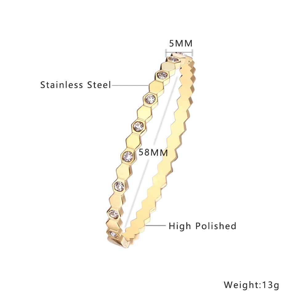 Stainless steel 18K gold plated hexagonal zircon bangle