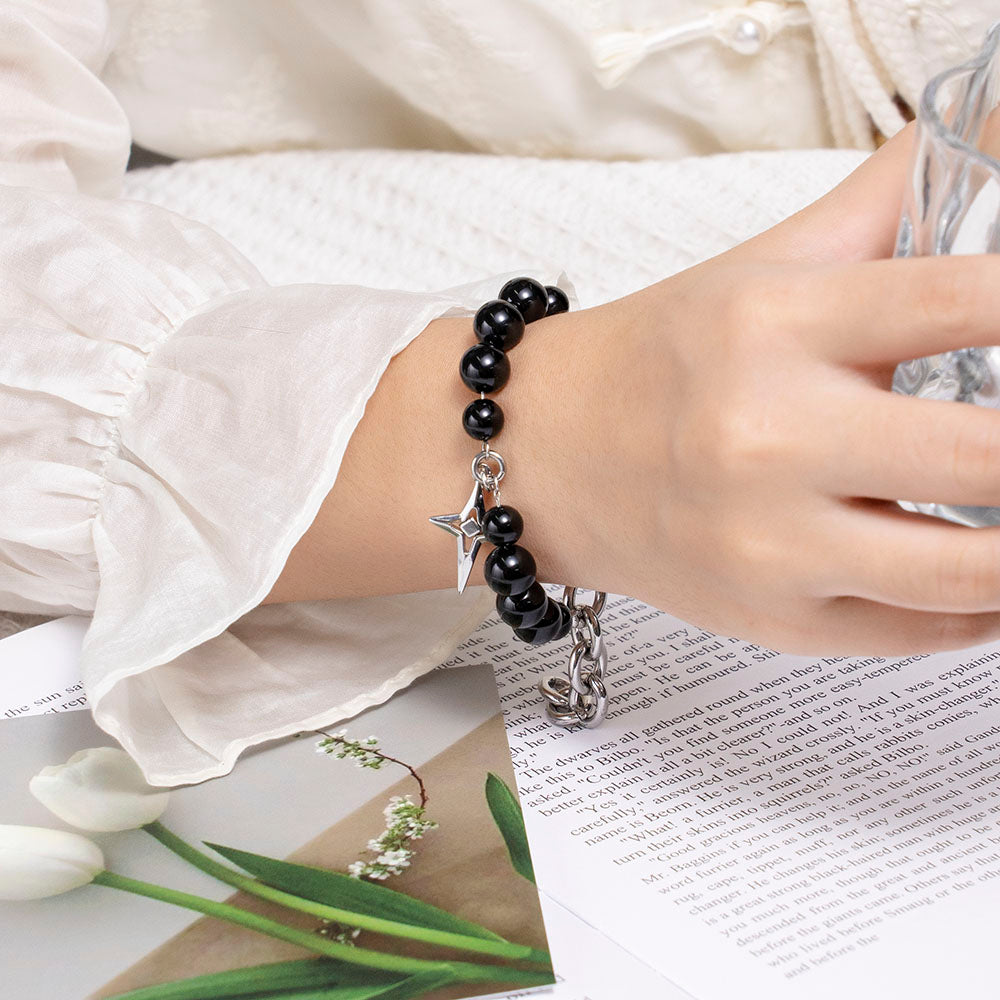 Black Beads & Cuban Chain Bracelet – Unisex Handmade Bracelet with Black Beads and Cuban Chain