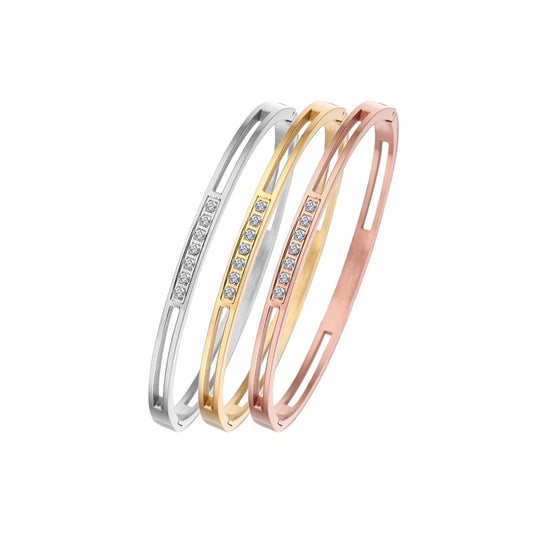 Stainless steel 18K gold plated zircon hollow bangle