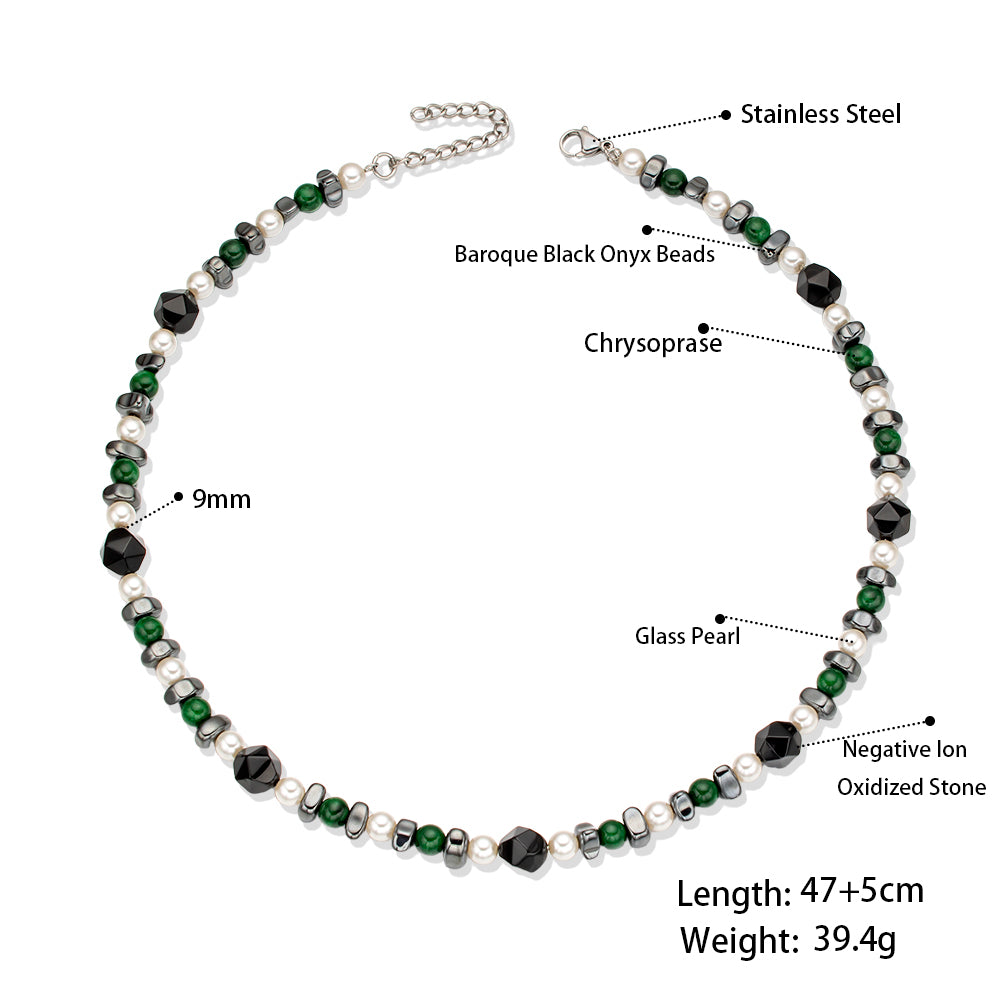 Black Irregular Obsidian, White Pearls & Green & Blue Chalcedony Necklace