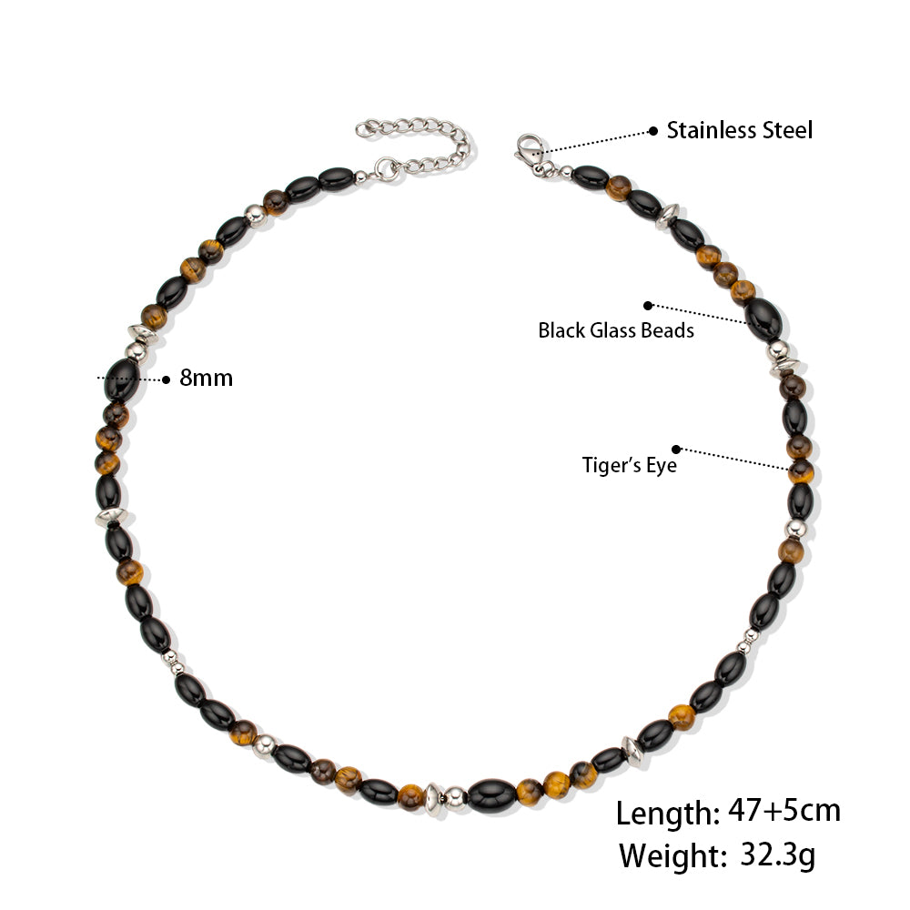 Black Glass Beads & Natural Tiger Eye Necklace for Women
