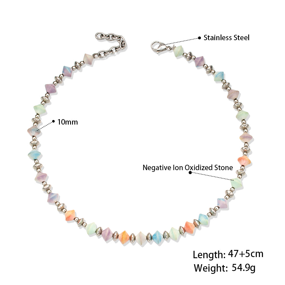 Macaron Rainbow Stone Stainless Steel Beaded Necklace