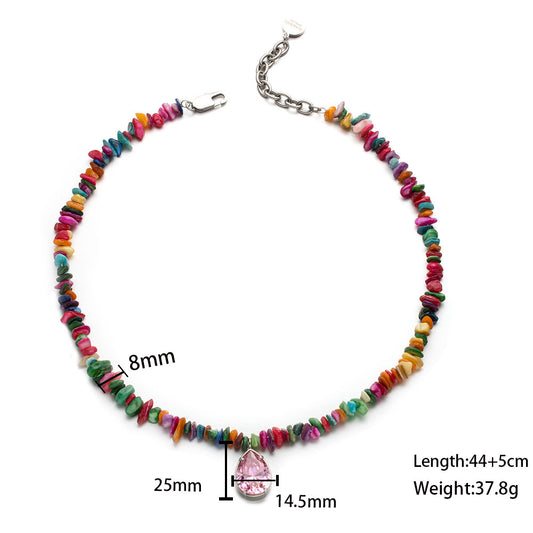 Pink Focus Gemstone Necklace – Colorful Chip Beads with Central Pink Stone, Unisex Handmade Jewelry