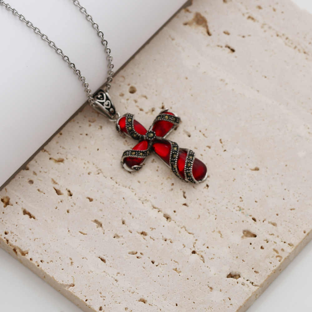 Stainless Steel 18K Gold Plated Ruby Cross Necklace