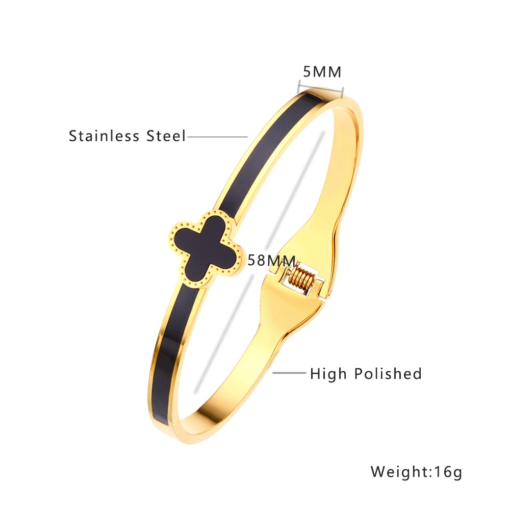 Stainless steel 18K gold plated black four-leaf clover bangle