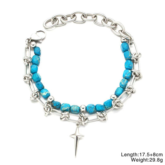 Blue Stone & Stainless Steel Layered Bracelet – Unisex Handmade Double-Layer Bracelet with Blue Stones and Stainless Steel