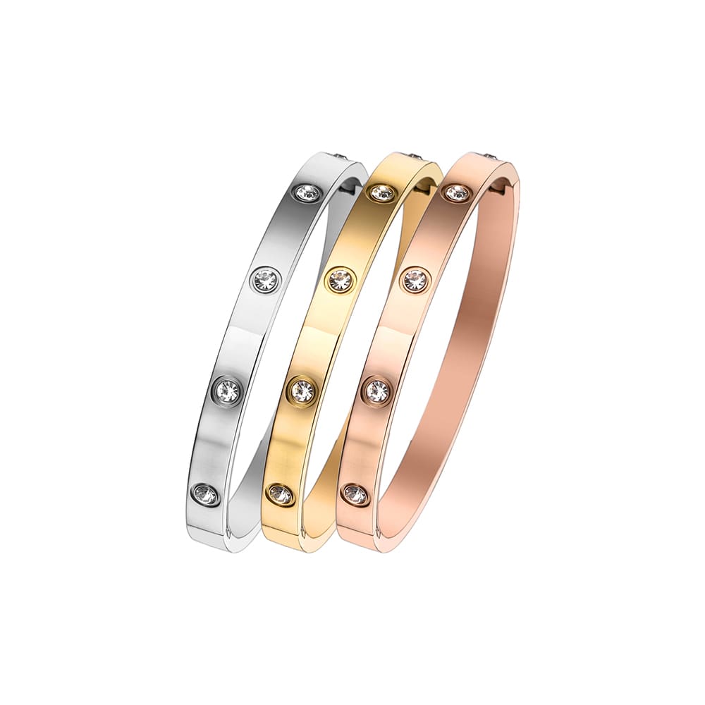 Stainless steel 18K gold plated round layered zircon bangle