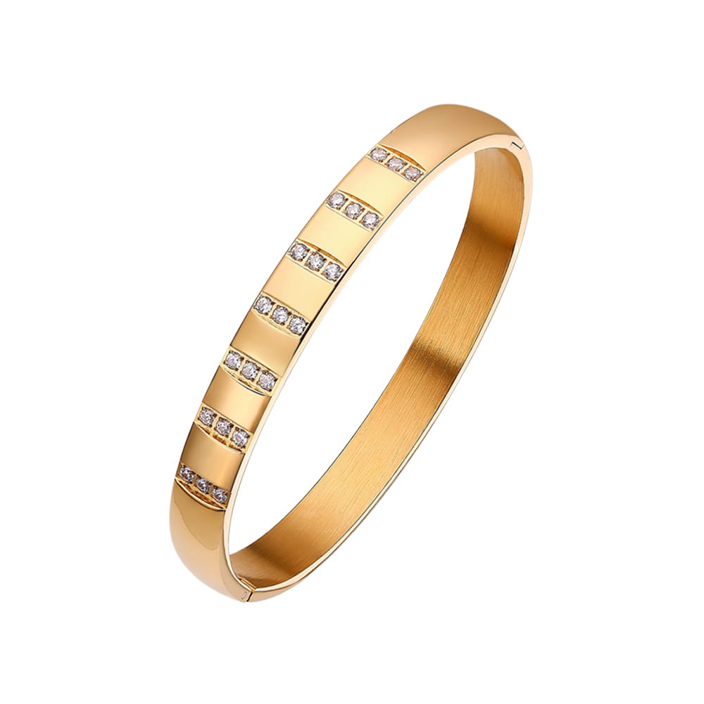 Stainless steel 18K gold plated three diamond zircon bangle