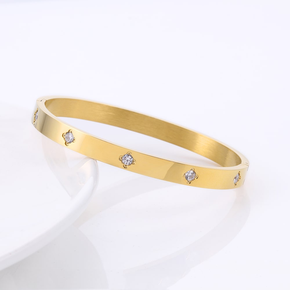 Stainless steel 18K gold-plated four-leaf zircon bangle