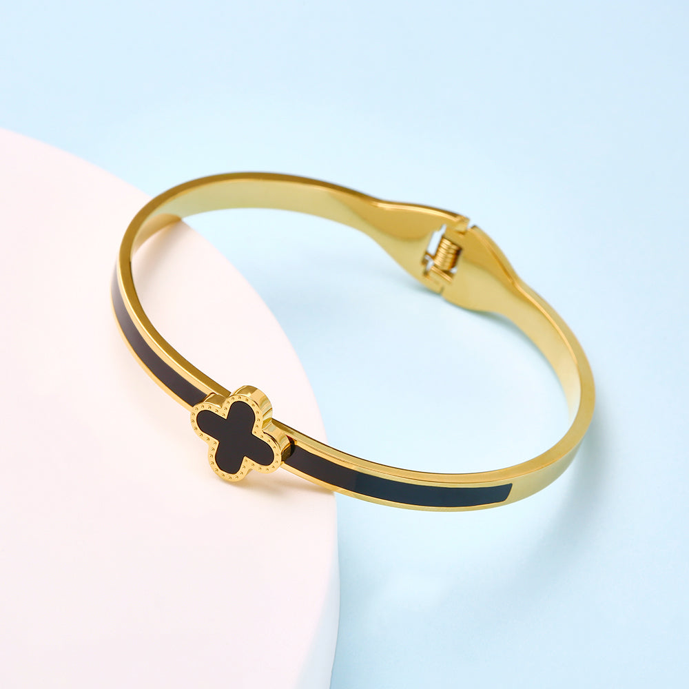 Stainless steel 18K gold plated black four-leaf clover bangle