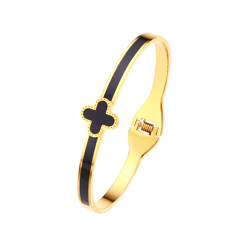 Stainless steel 18K gold plated black four-leaf clover bangle