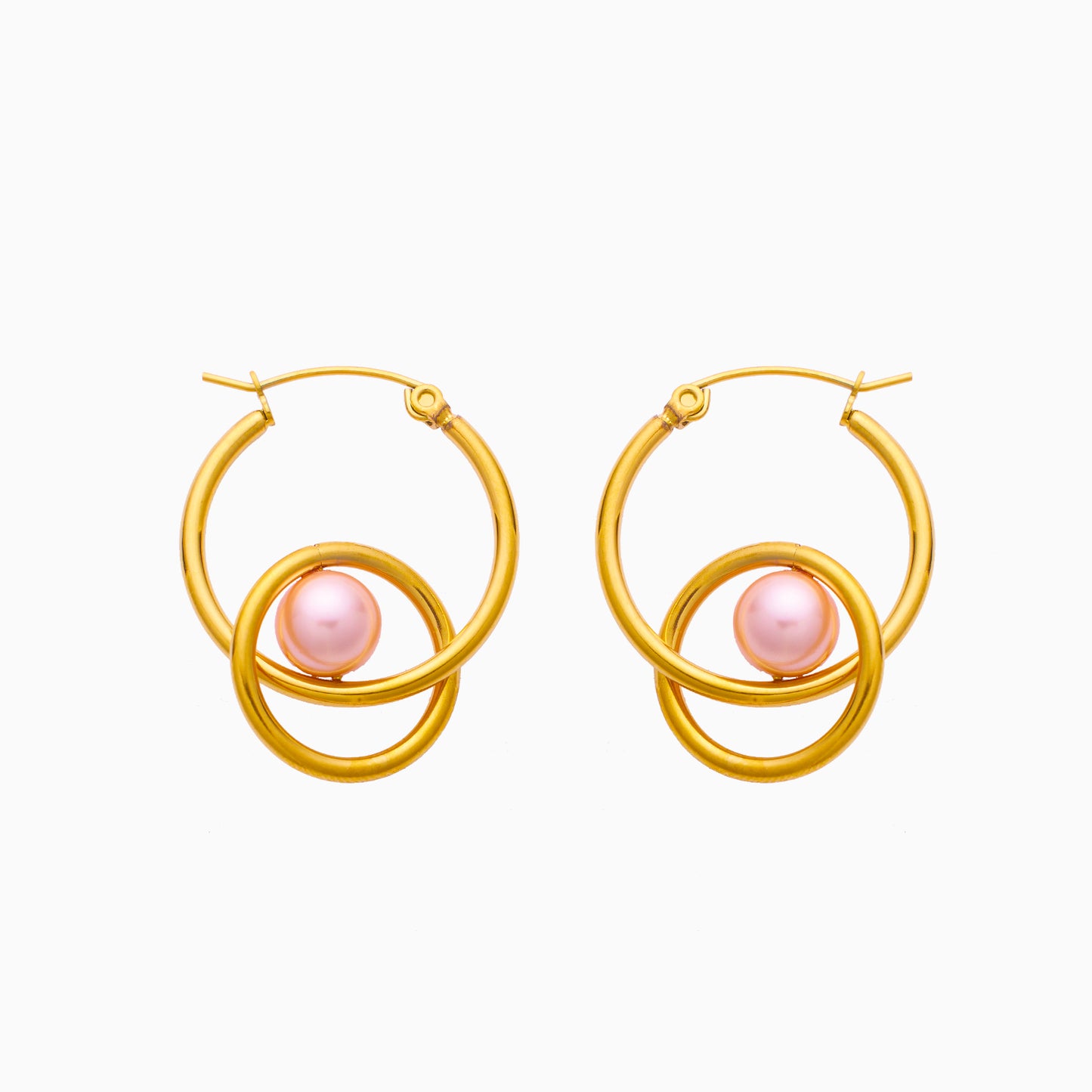 Stainless steel plated 18-karat gold double hoop with pearl earrings