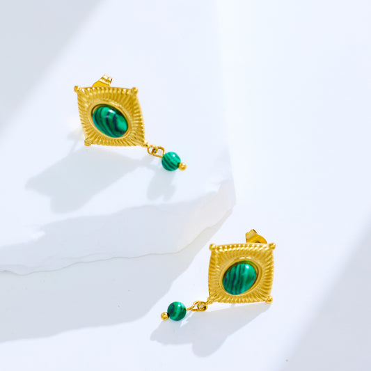 Stainless steel plated 18-karat gold with green earrings